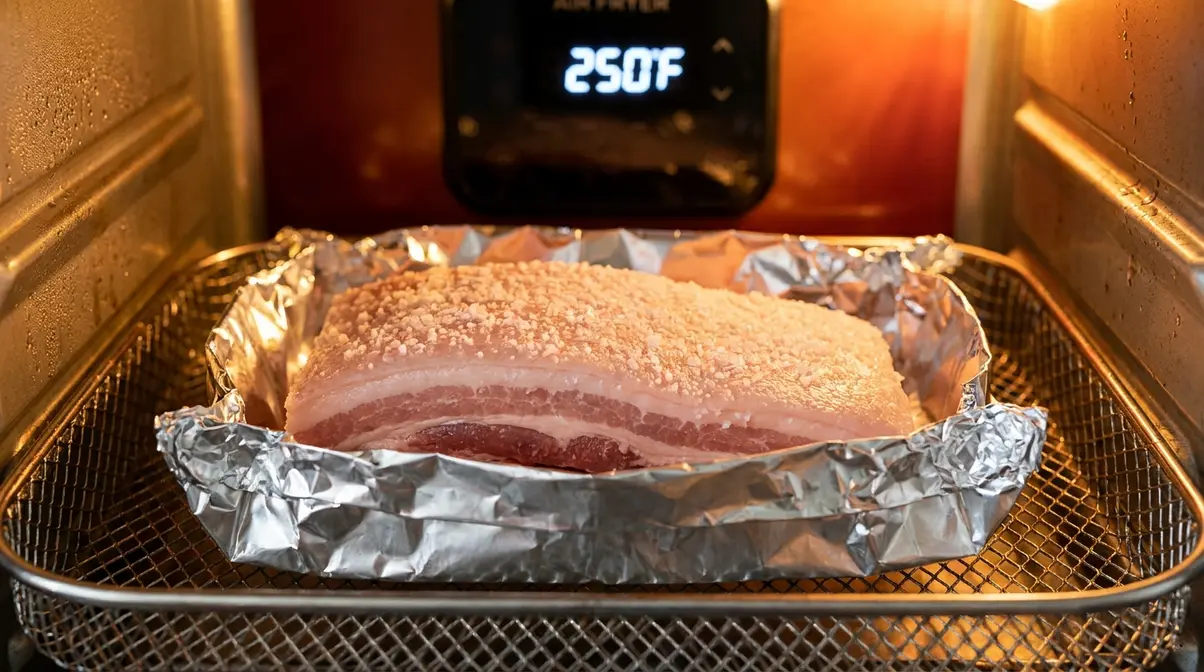 Crispy Air Fryer Pork Belly: Two-Stage Method (2026) 4 Pork belly in air fryer basket skin-side up with aluminium foil boat at 250°F low-temperature rendering stage