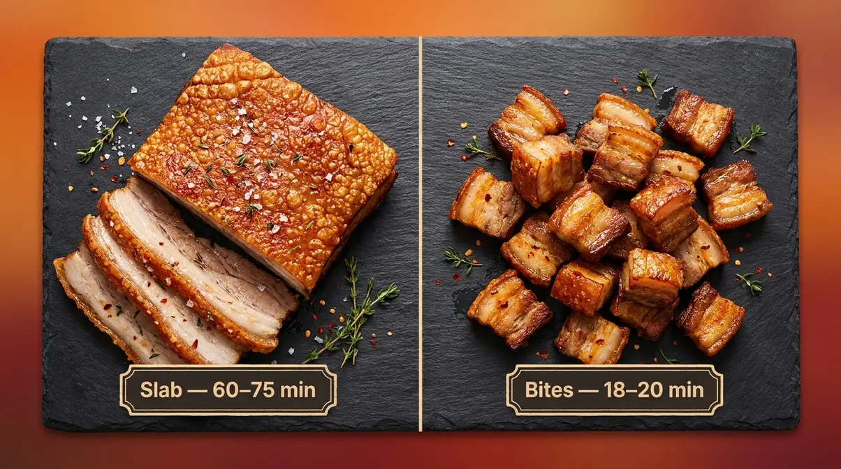 Crispy Air Fryer Pork Belly: Two-Stage Method (2026) 7 Side-by-side comparison of air fryer pork belly slab with whole crackling versus crispy pork belly bites