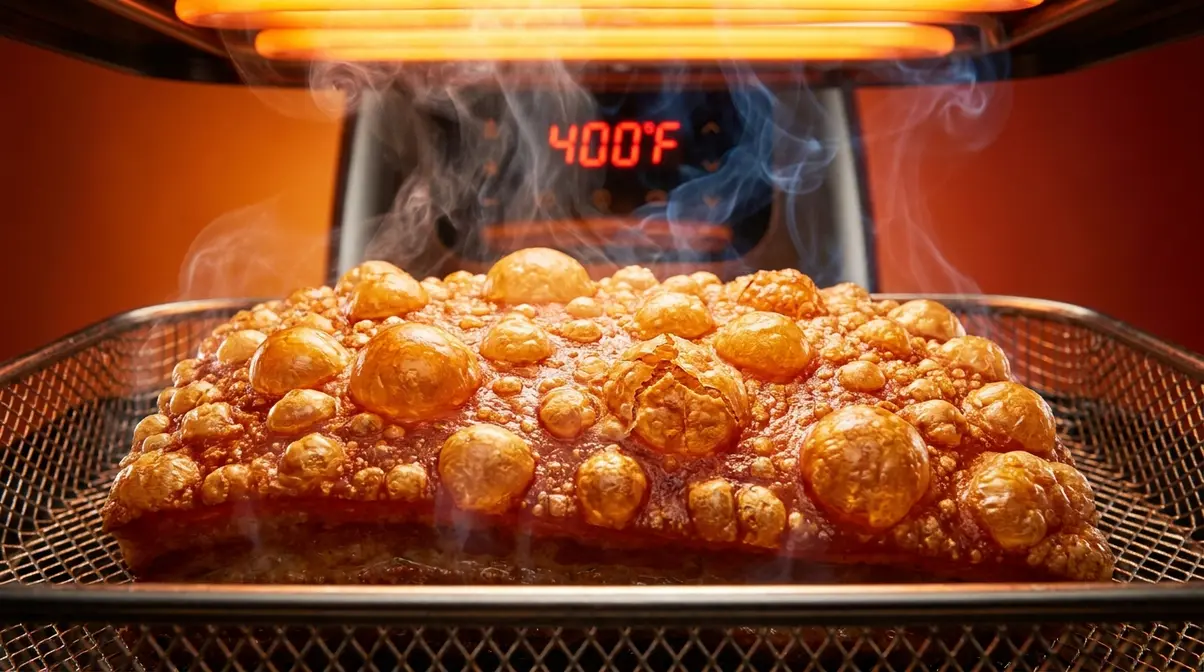 Crispy Air Fryer Pork Belly: Two-Stage Method (2026) 5 Pork belly skin bubbling and blistering in air fryer basket at 400°F high-heat stage with crackling forming