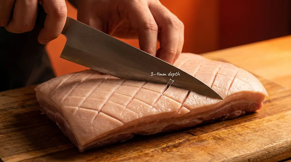 Crispy Air Fryer Pork Belly: Two-Stage Method (2026) 2 Chef's knife scoring pork belly skin in crosshatch pattern 3-4mm deep showing fat layer beneath cuts