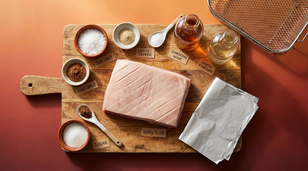 Crispy Air Fryer Pork Belly: Two-Stage Method (2026) 1 Flat-lay of skin-on pork belly slab with coarse salt, five-spice, and air fryer basket on wooden board