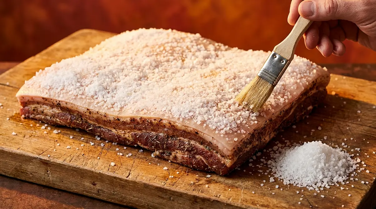 Crispy Air Fryer Pork Belly: Two-Stage Method (2026) 3 Thick coarse salt crust covering pork belly skin before air frying with five-spice seasoned meat side visible