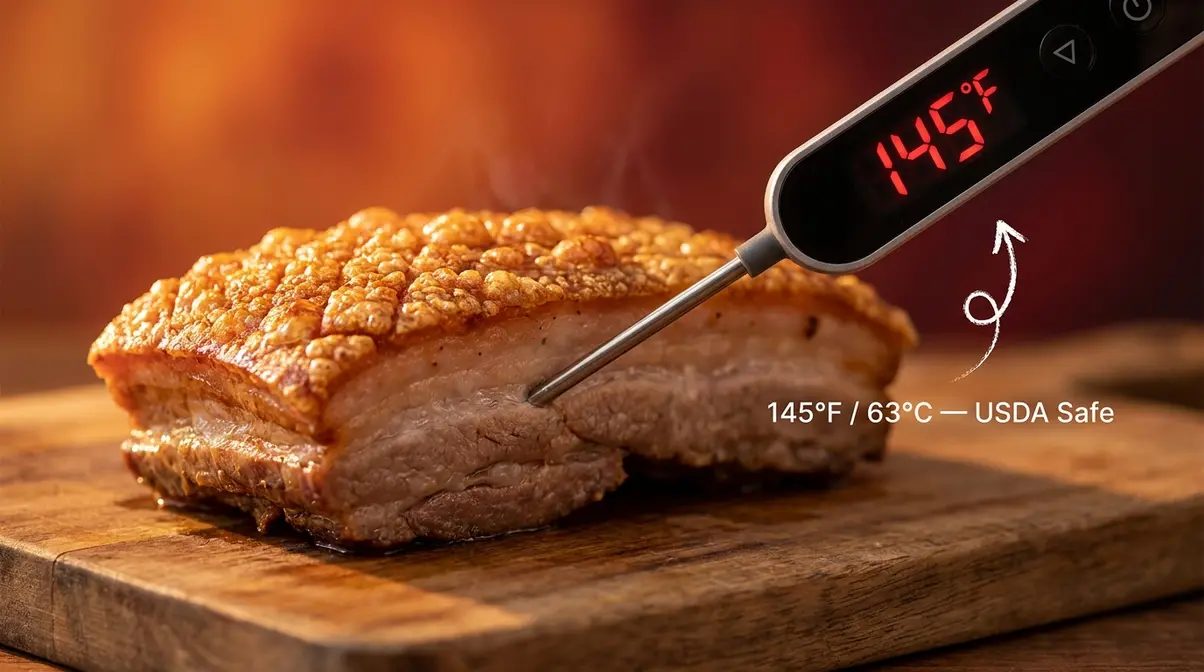 Crispy Air Fryer Pork Belly: Two-Stage Method (2026) 6 Meat thermometer inserted into thickest part of air fryer pork belly showing 145°F safe internal temperature