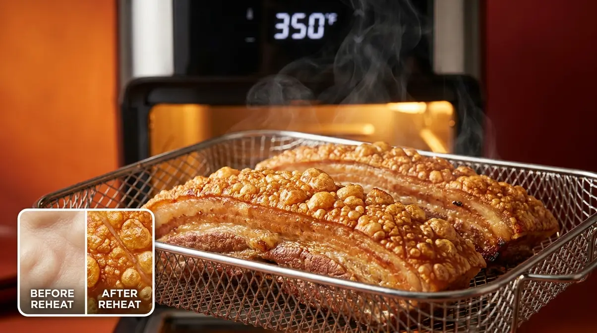 Crispy Air Fryer Pork Belly: Two-Stage Method (2026) 8 Reheated air fryer pork belly with restored crispy crackling skin at 350°F after refrigerator storage