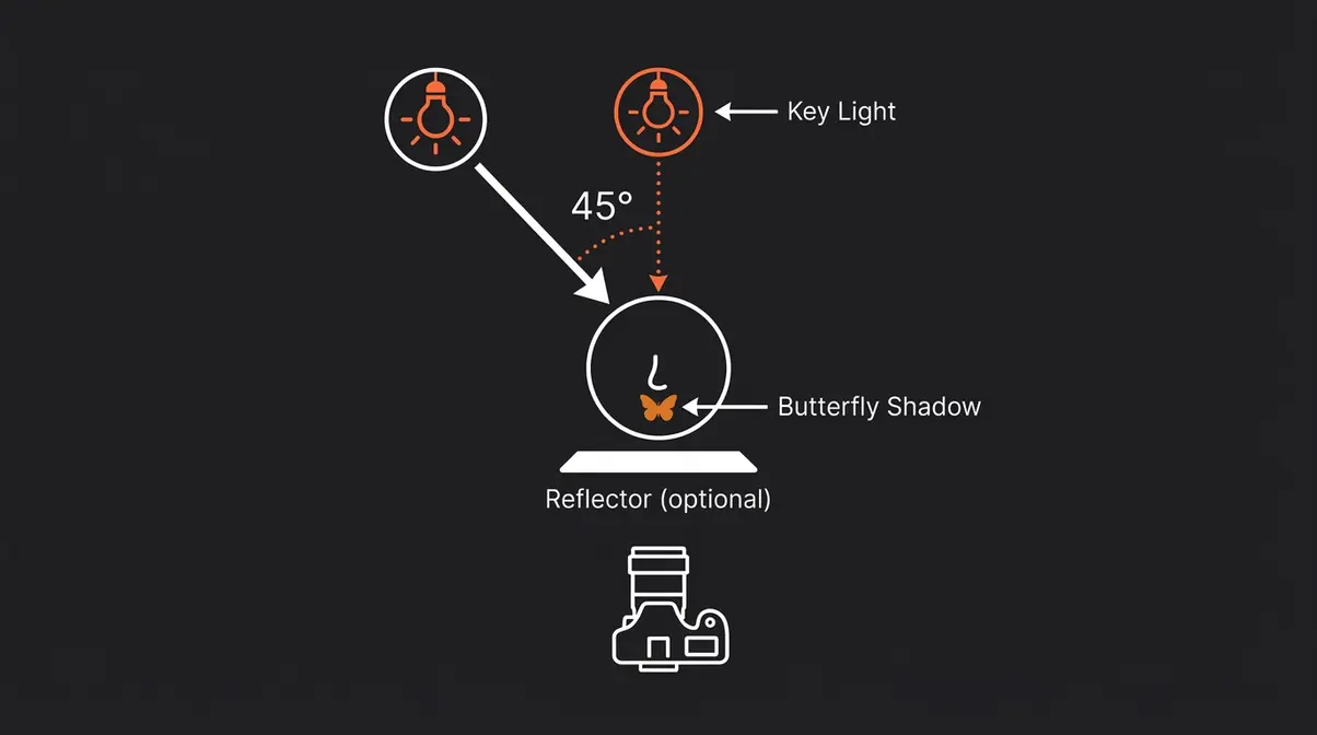 Overhead diagram of butterfly portrait lighting with light source directly in front and above subject at 45 degrees