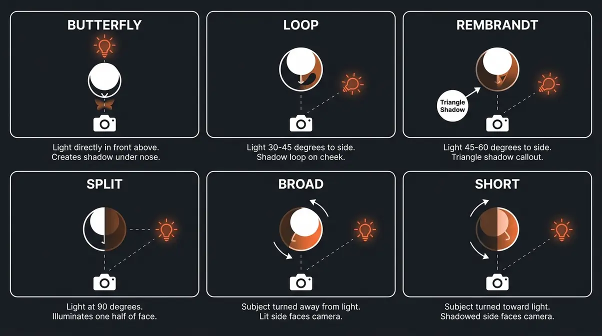 Six portrait lighting pattern overhead diagrams showing Butterfly, Loop, Rembrandt, Split, Broad, and Short light positions