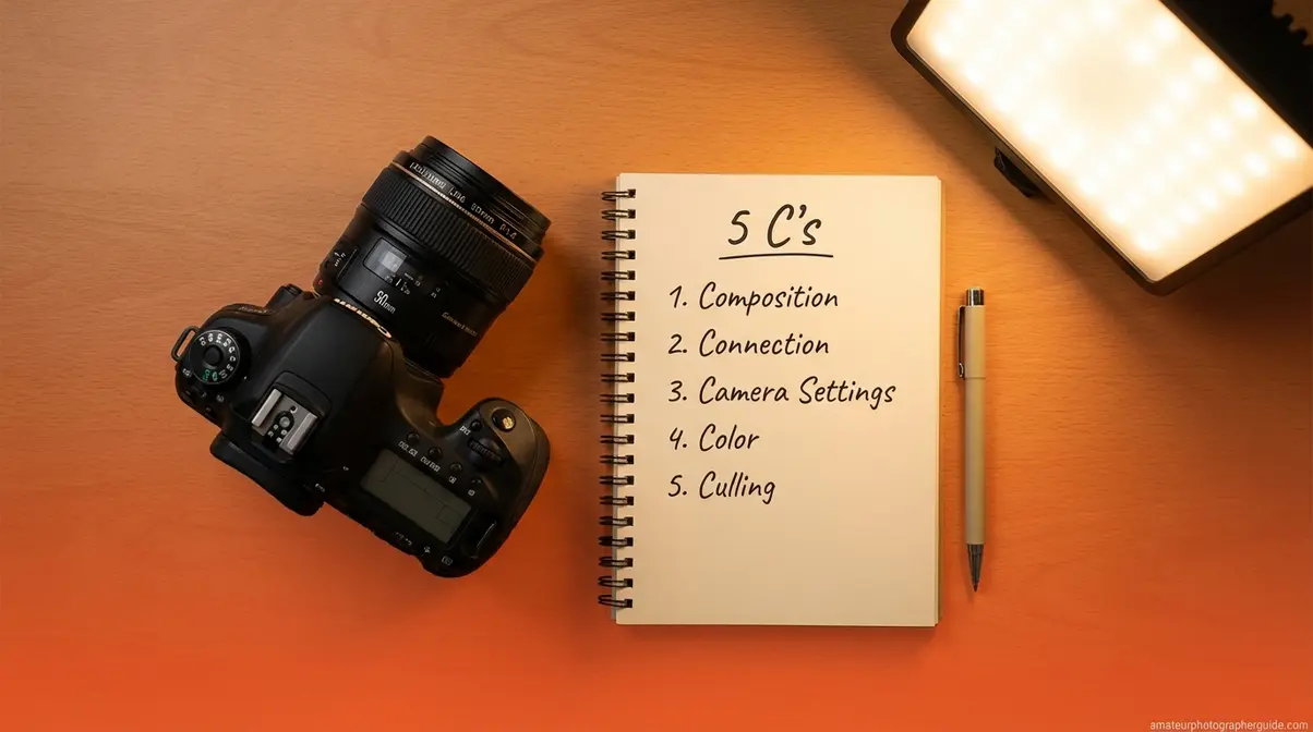 The 5 C's of portrait photography framework overview showing camera and structured approach for beginners