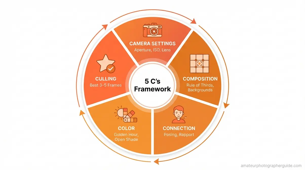 Infographic of the 5 C's of portrait photography arranged as a circular workflow for beginners
