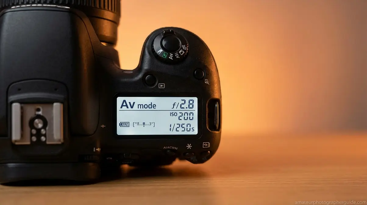 DSLR camera settings for portrait photography showing aperture priority mode and f/2.8 aperture for beginners