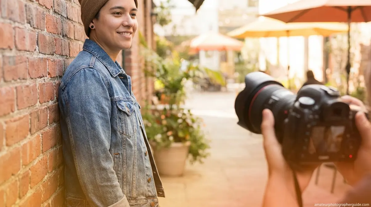 Portrait photography posing using natural action direction with subject leaning against wall for relaxed expression