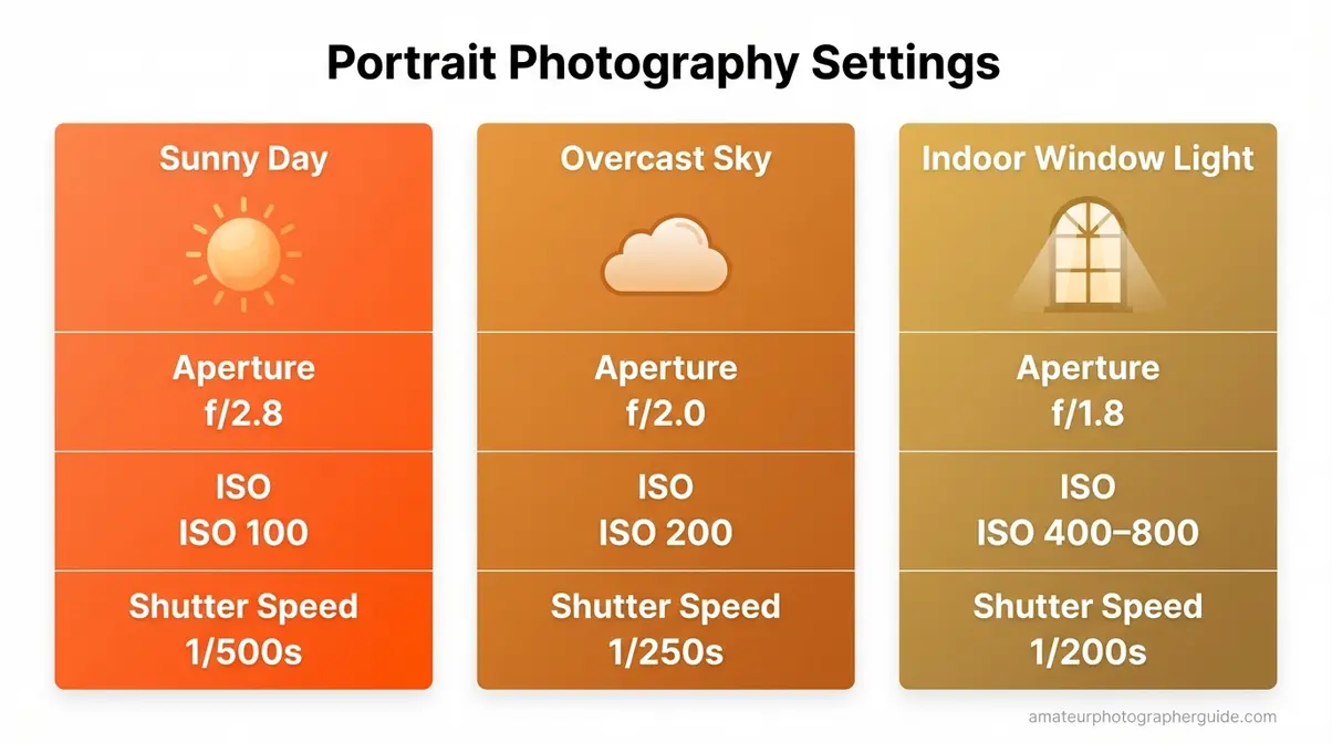 Portrait photography settings cheat sheet for sunny, overcast, and indoor window light conditions