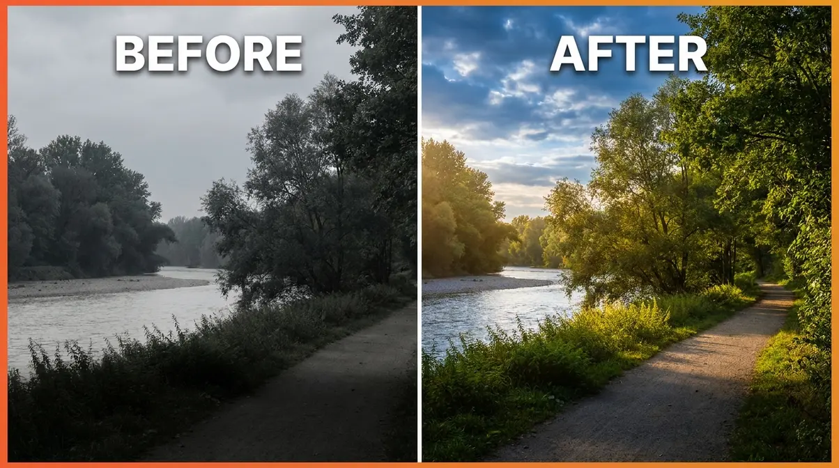 Before and after post processing photography showing exposure white balance and colour correction example