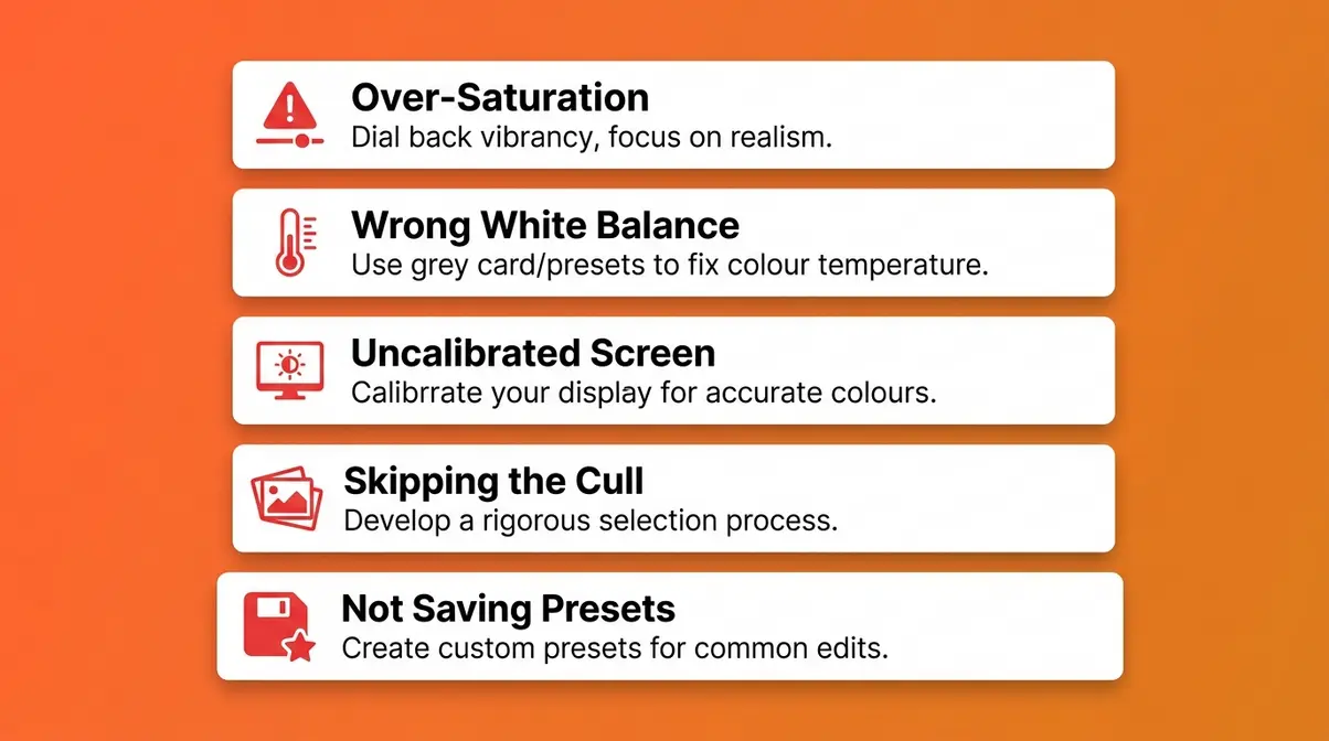 Five common post processing photography mistakes infographic with fixes for beginner photo editors