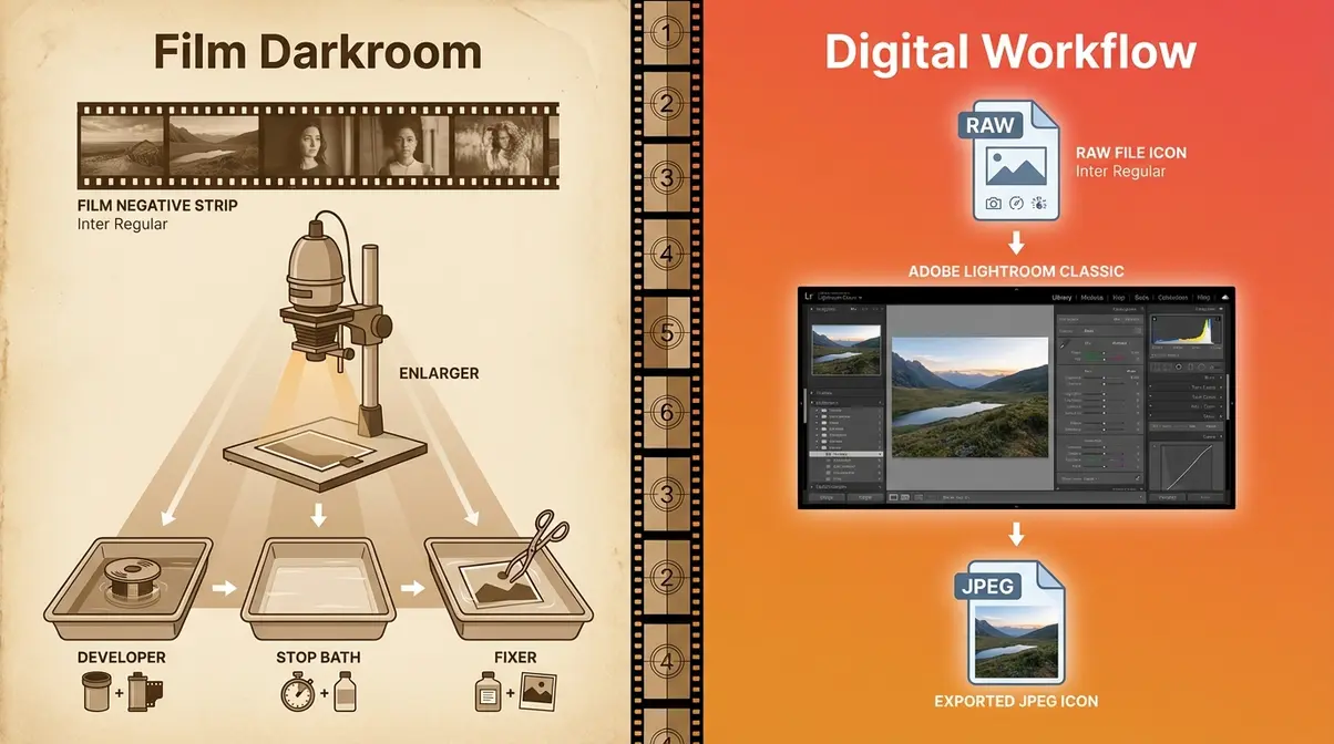 Post processing photography digital darkroom comparison diagram showing film versus digital workflow