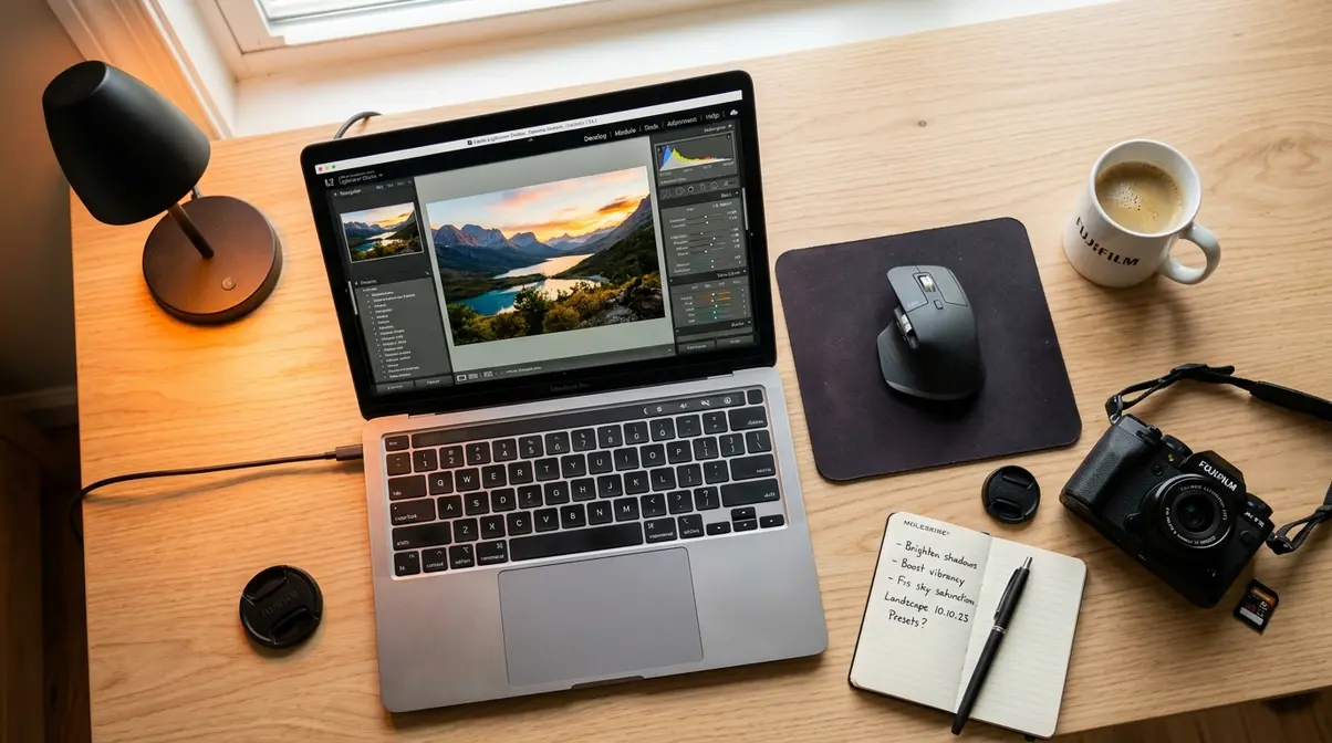Adobe Lightroom Classic editing workflow setup showing post processing photography workspace on laptop