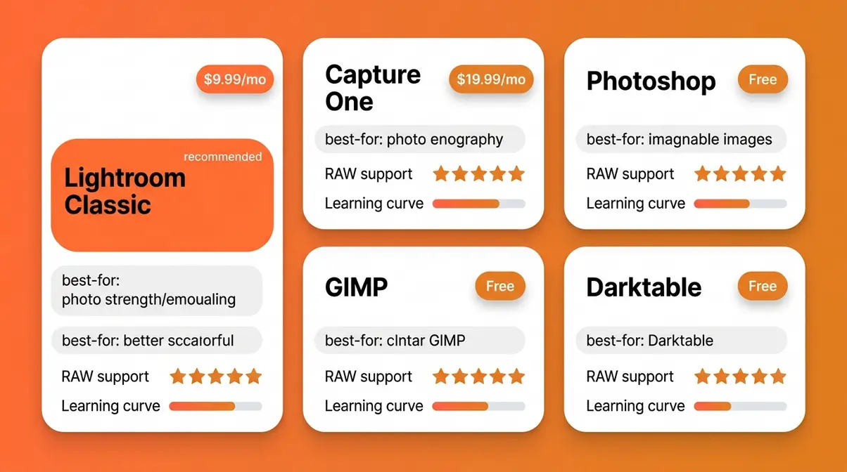 Post processing photography software comparison showing Lightroom Capture One GIMP and Darktable options
