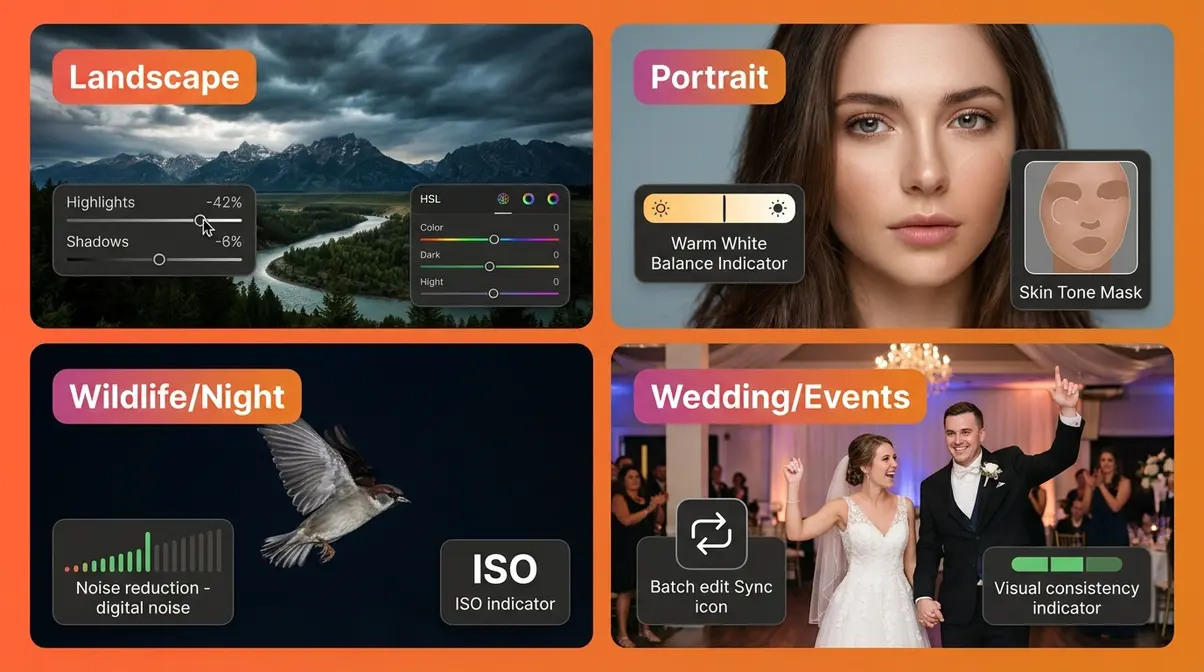 Post processing photography techniques by genre showing landscape portrait wildlife and wedding editing approaches