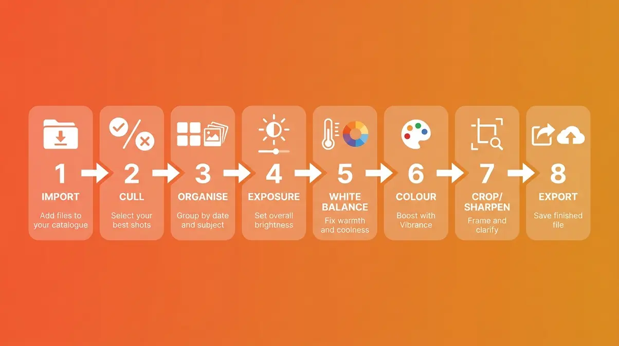 Post processing photography 8-step beginner workflow infographic from import to export