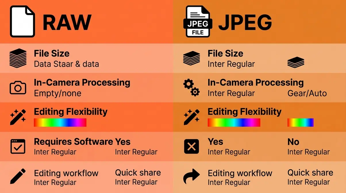 RAW versus JPEG file format comparison chart for post processing photography decisions