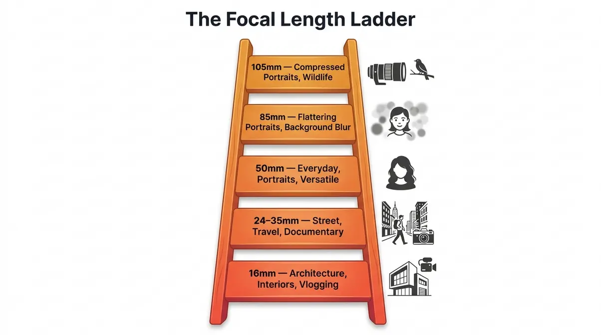 Focal length ladder infographic showing prime lens shooting scenarios from 16mm ultra-wide to 85mm portrait telephoto