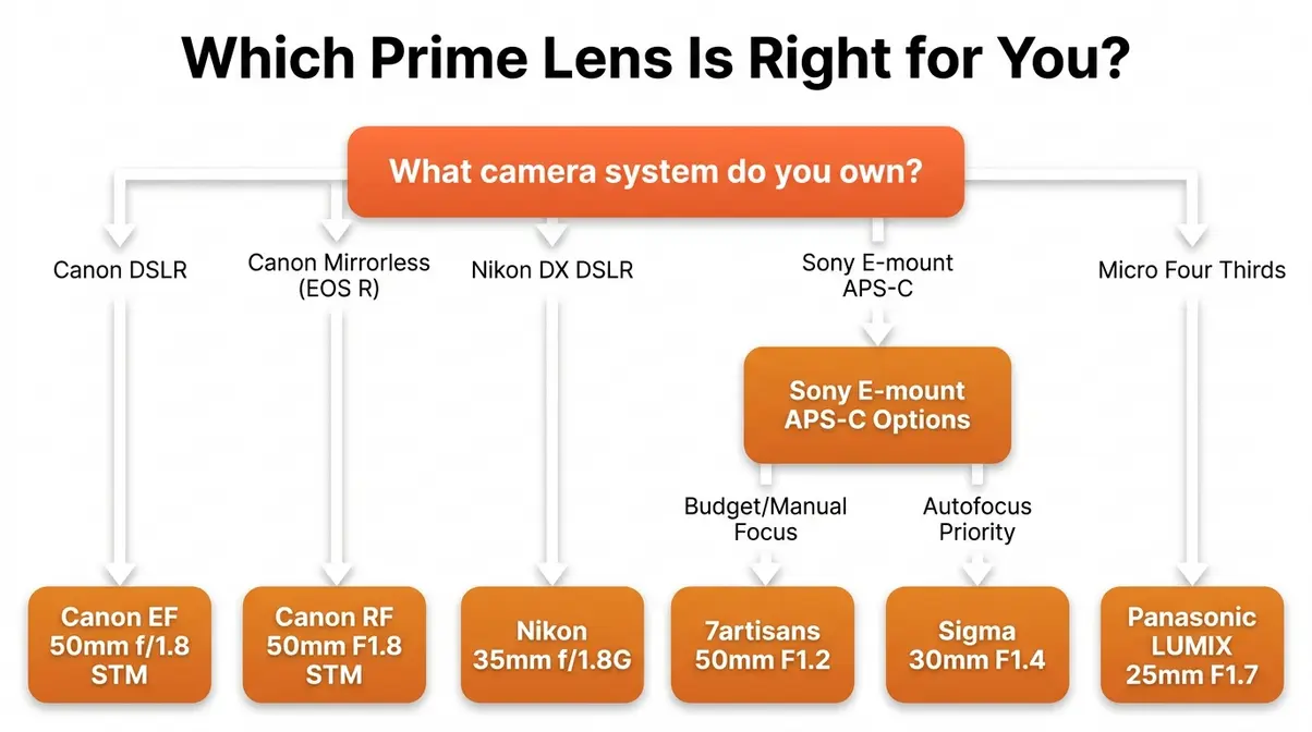 Decision tree flowchart for choosing the right prime lens by camera mount and shooting style
