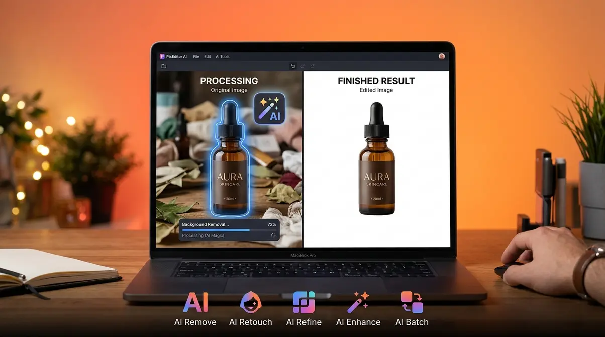 AI photo editing tool removing product background in seconds showing before and after result on laptop screen