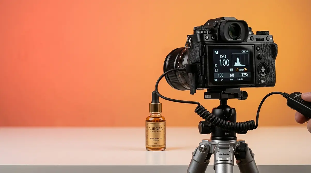 Camera on tripod with manual settings ISO 100 and f8 for sharp product photography shots