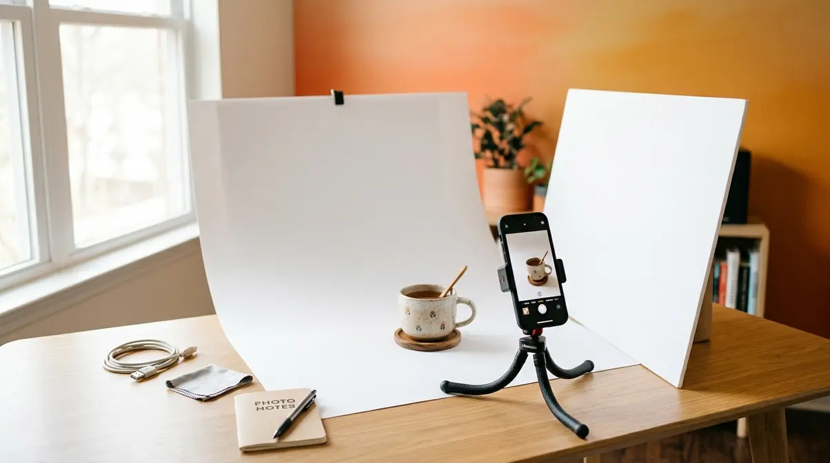 Beginner product photography foundational setup showing tripod smartphone white background and window light