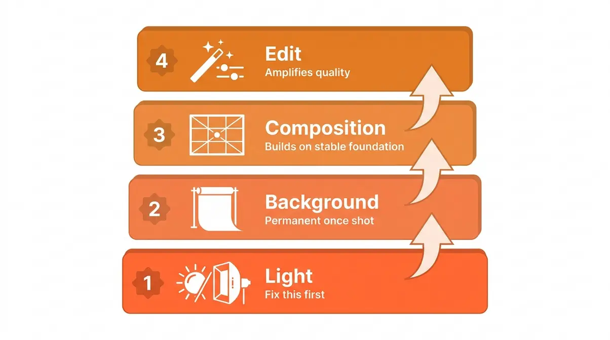 Diagram of the 4-Layer Shot System showing Light Background Composition and Edit sequence for product photography