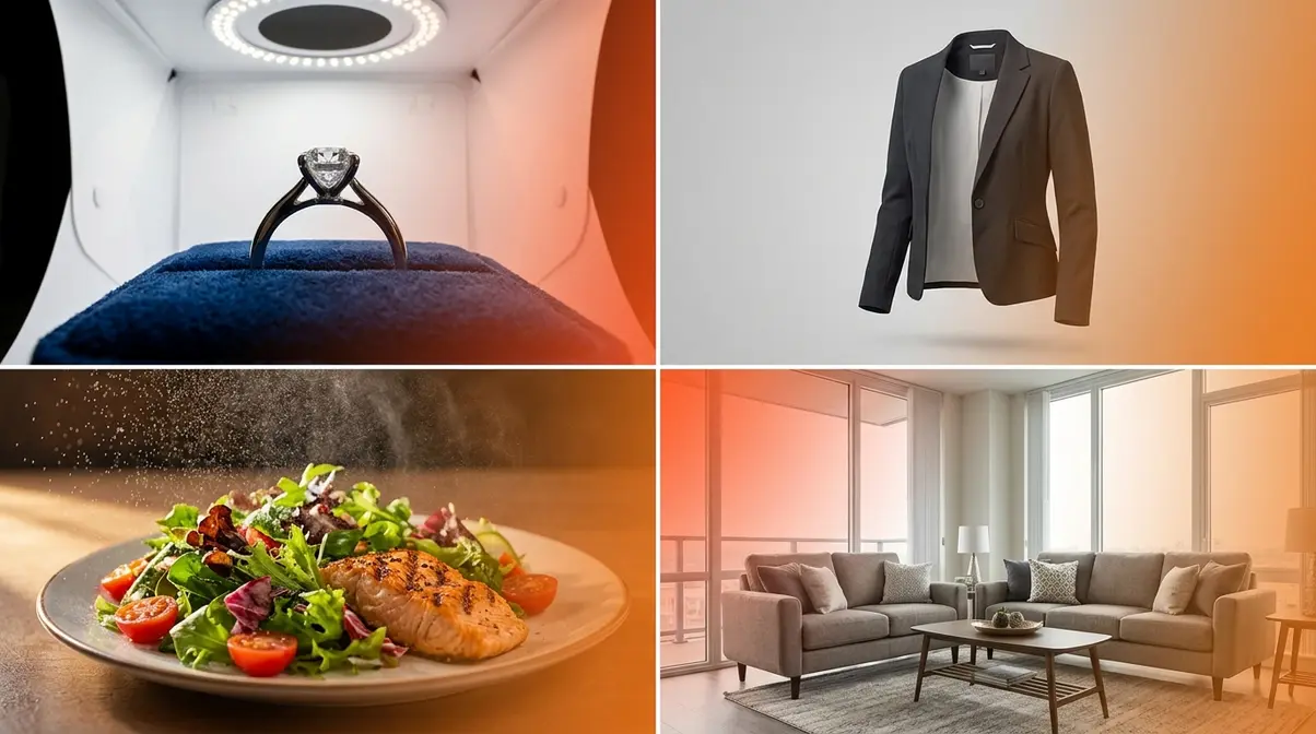 Four niche product photography techniques showing jewelry clothing food and furniture photography setups