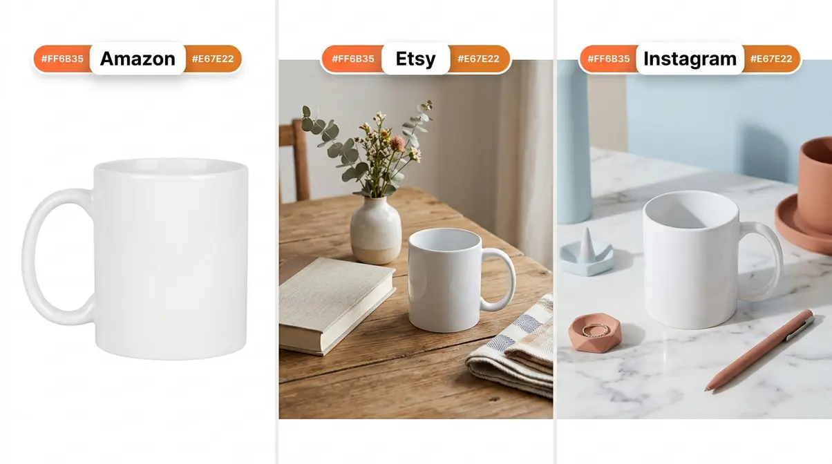 Same product photographed three ways optimized for Amazon pure white Etsy lifestyle and Instagram aesthetic