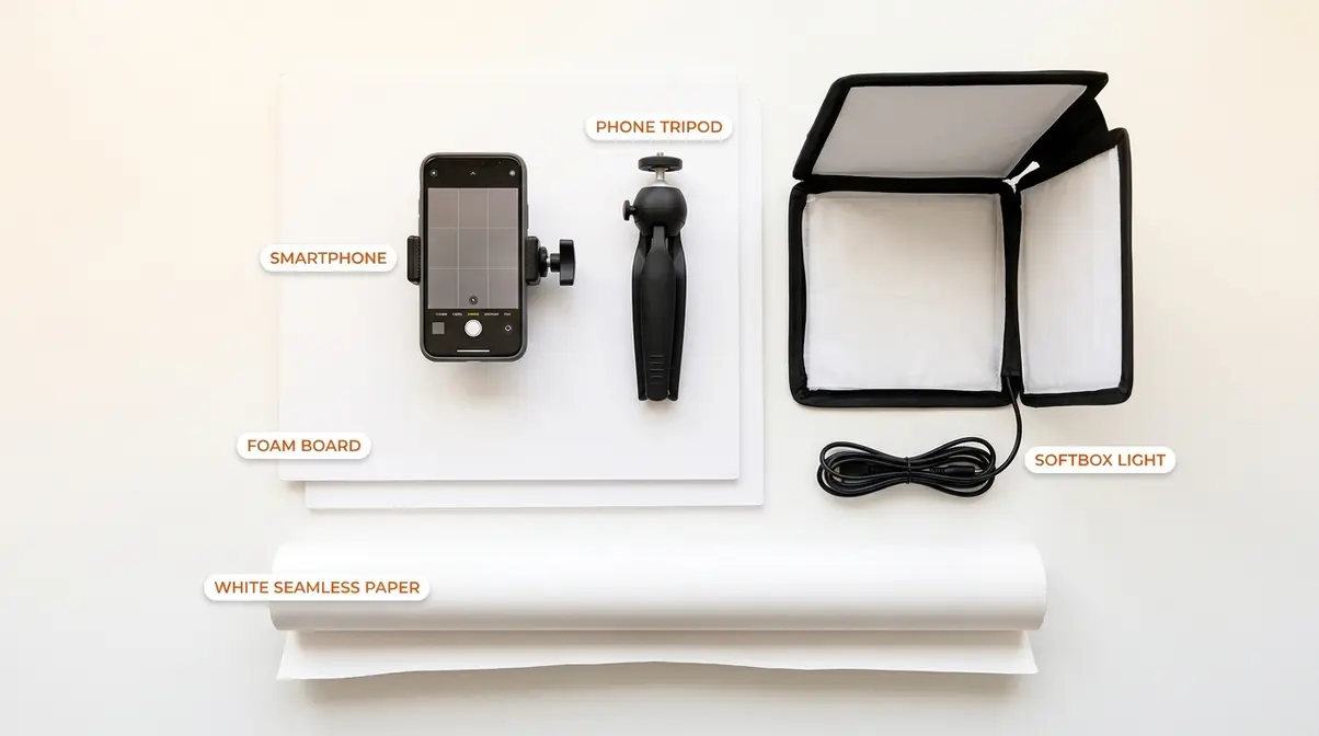 Overhead flat lay of essential product photography equipment including tripod foam boards and softbox light