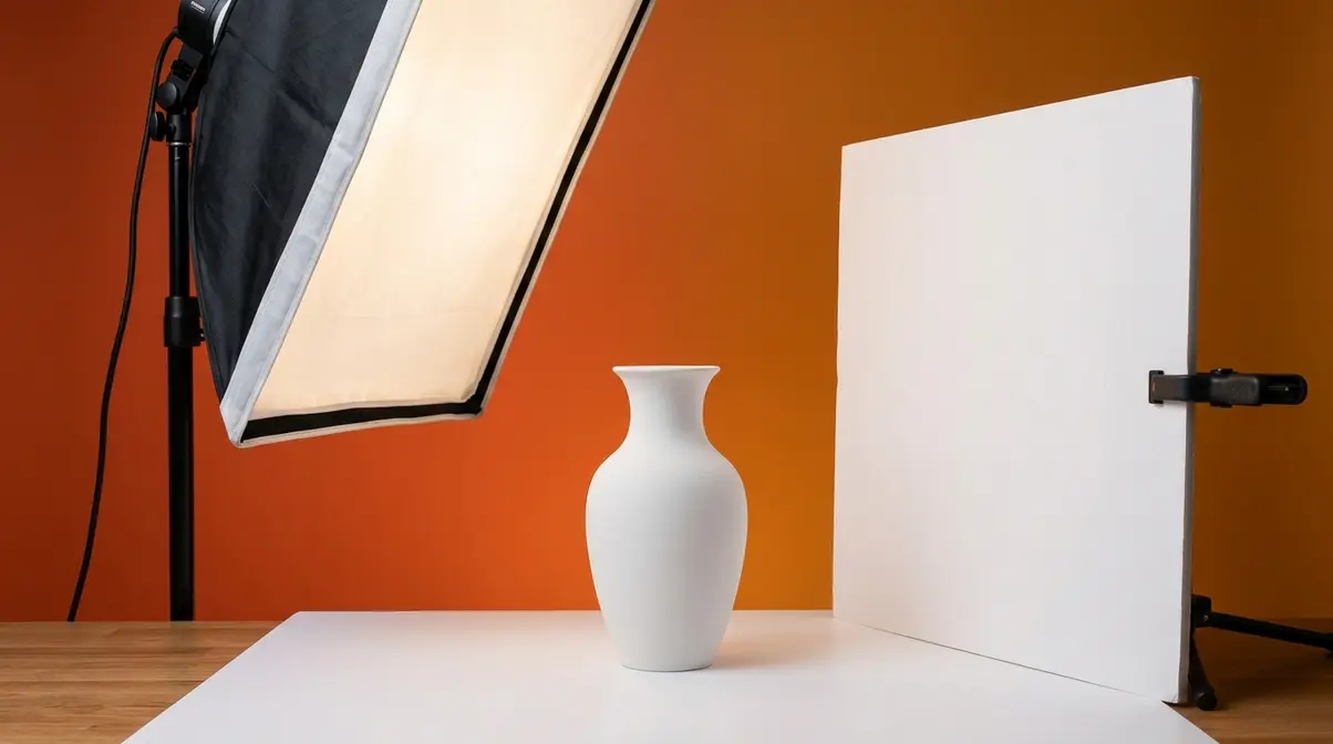 Product photography lighting control setup showing softbox at 45 degrees with white foam bounce board