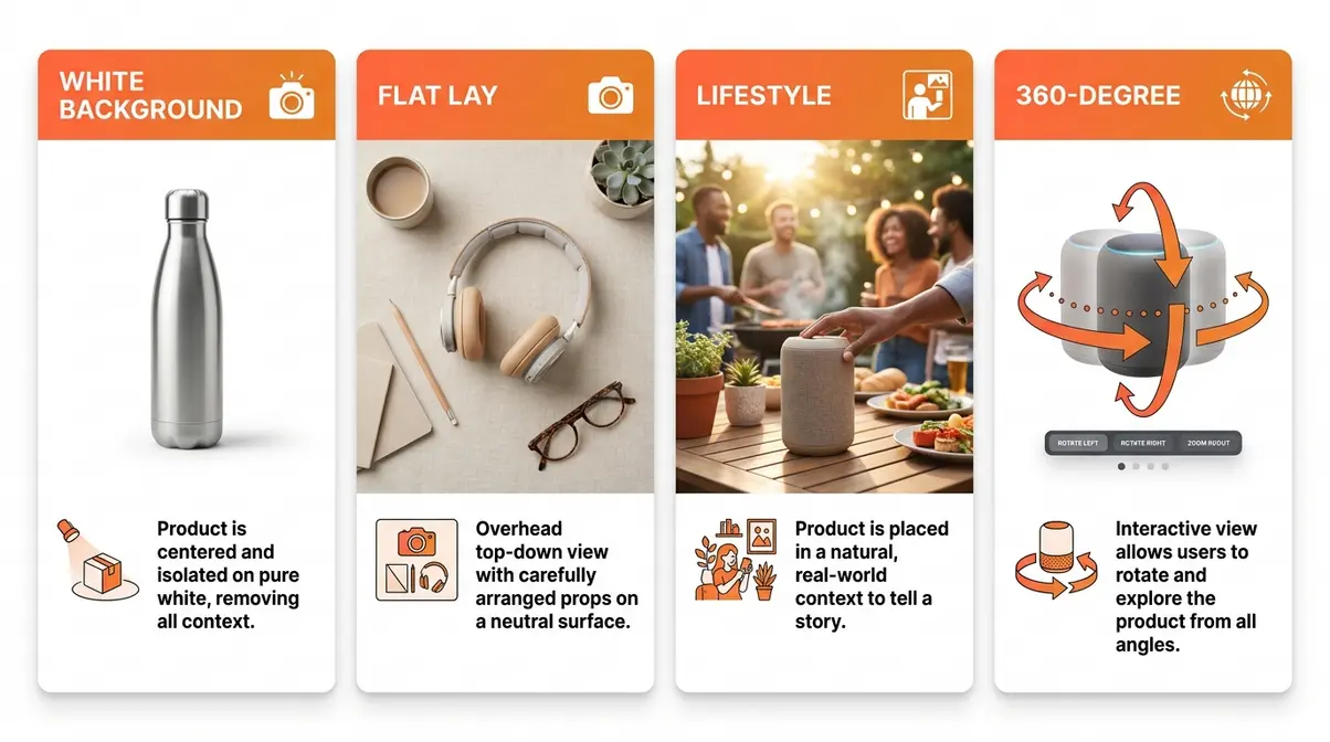Infographic showing four product photography types: white background flat lay lifestyle and 360-degree