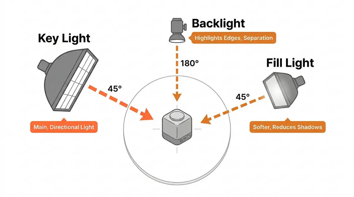 Infographic diagram showing key light fill light and backlight positions for three-point product photography lighting