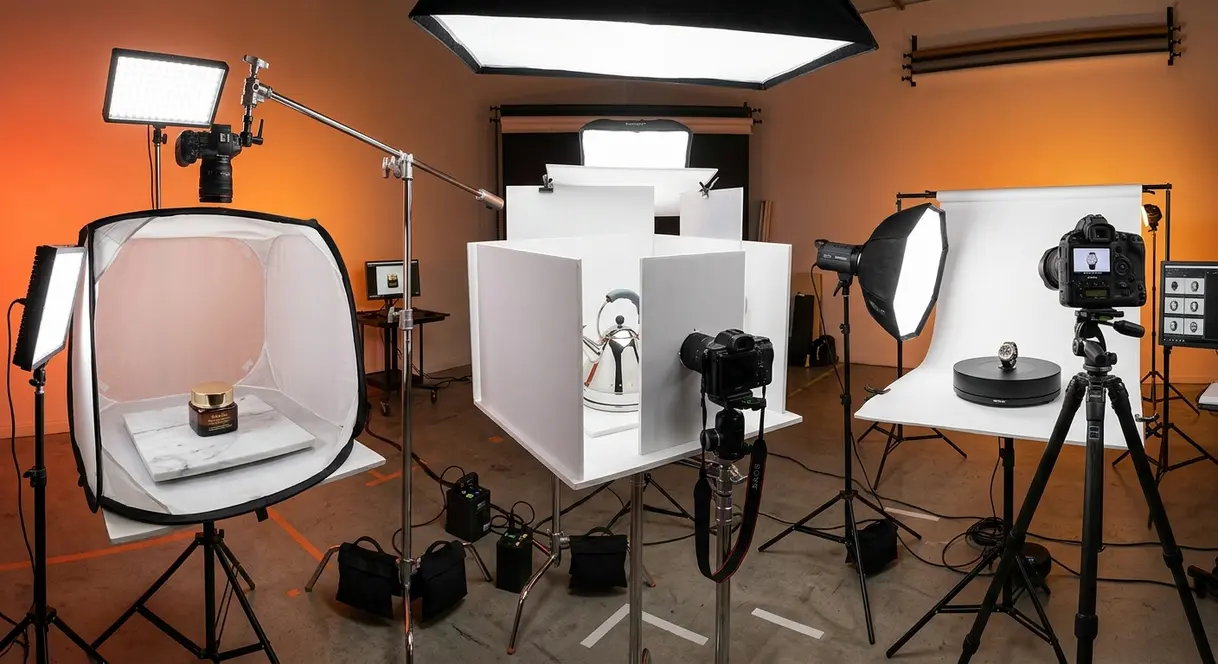 Advanced product photography techniques showing cosmetic setup reflective product and 360 degree turntable studio