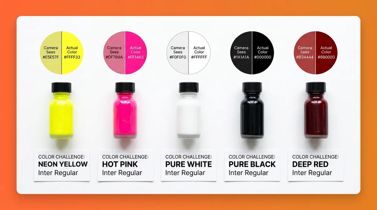 Difficult colors in product photography showing neon hot pink pure white black and deep red with camera clipping comparison