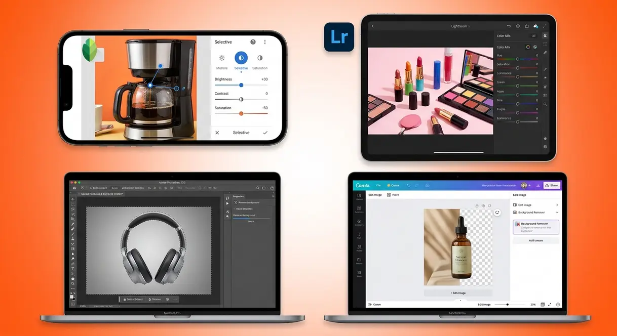 Product photo editing software comparison showing Snapseed Lightroom Photoshop and Canva interfaces on devices