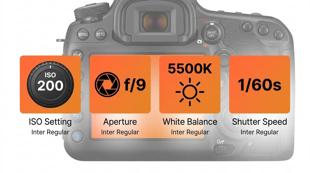 Product photography camera settings guide showing ISO aperture white balance and shutter speed recommended values