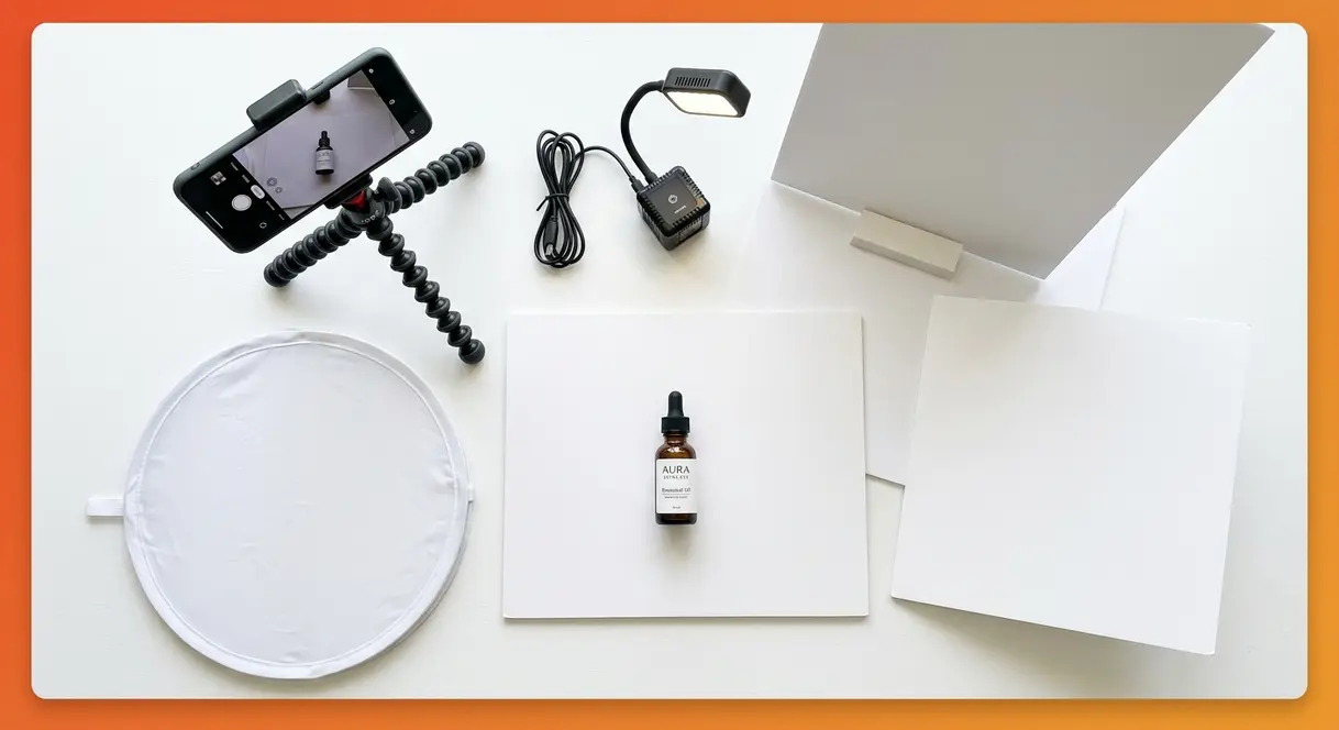 Budget product photography equipment flat lay showing smartphone tripod foam board reflector and LED light