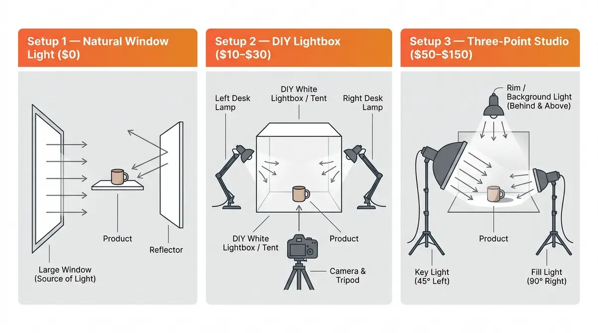 Product photography tutorial lighting setup diagram showing three methods window light lightbox and three-point studio