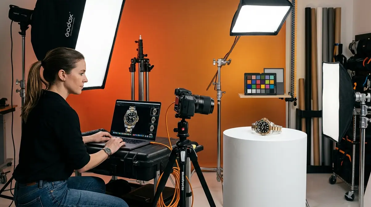 Professional product photographer reviewing luxury watch photos on tethered laptop in fully equipped studio