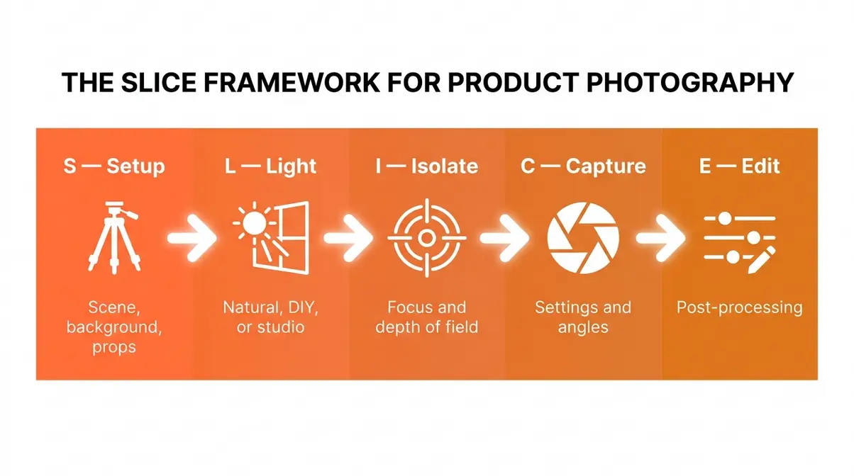 SLICE Framework product photography tutorial five stage system Setup Light Isolate Capture Edit diagram