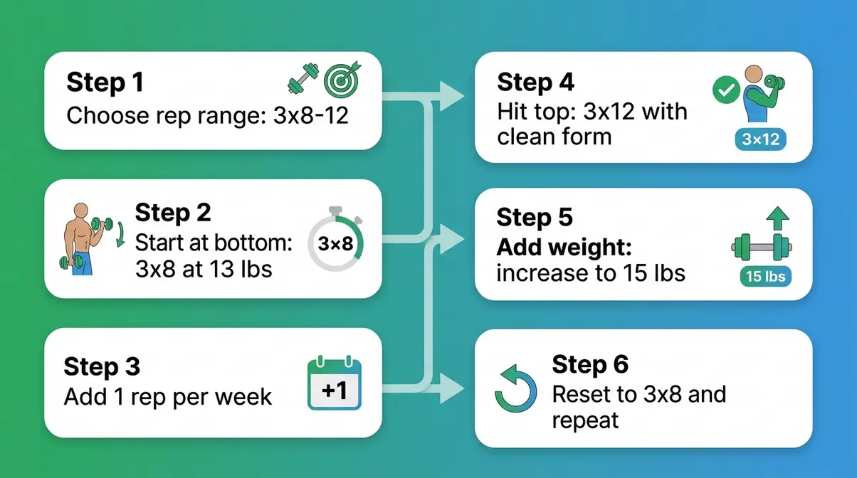 Double Progression Method six-step visual guide for beginner progressive overload with dumbbells