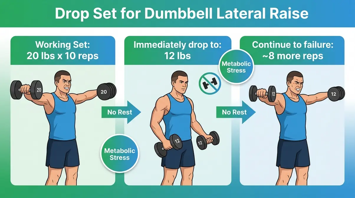 Drop set technique diagram showing three-step weight reduction sequence for dumbbell lateral raises