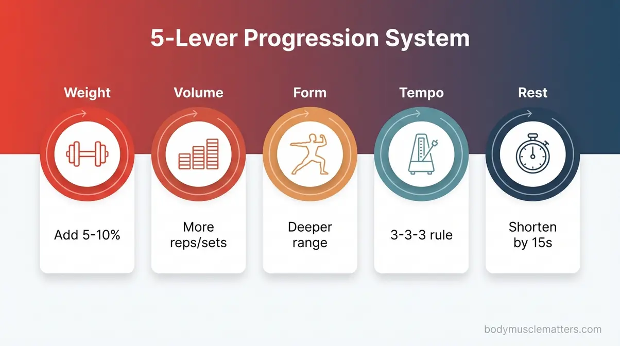 Progressive overload for muscle growth 5-lever system infographic showing weight volume form tempo rest dials