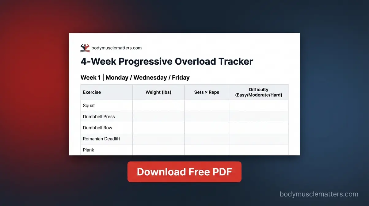 4-week progressive overload workout tracker for beginners PDF with sets reps weight columns