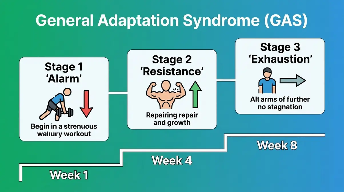 General Adaptation Syndrome diagram showing alarm, resistance, and exhaustion stages for gym training