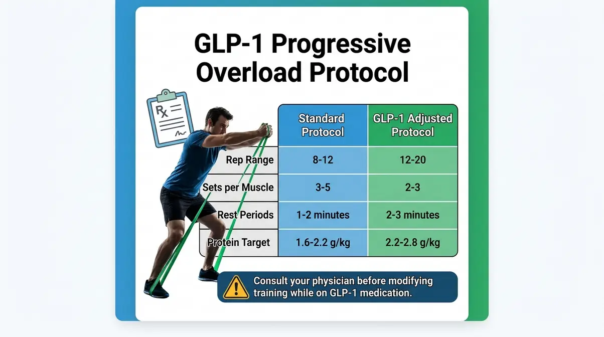 GLP-1 progressive overload protocol comparison showing adjusted rep ranges, sets, and protein targets for Zepbound users