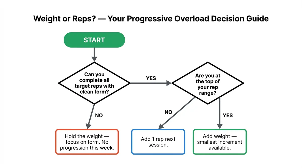 Progressive overload decision flowchart — when to add weight vs reps for beginners